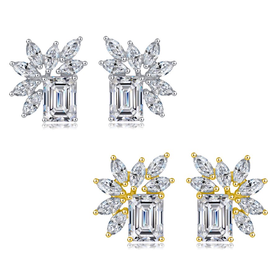 S925 Sterling Silver Emerald Cut Moissanite Stud Earrings, 6x8mm D-VVS1 Leaf Design, Platinum Plated 4.8g Jewelry Gift Box Set