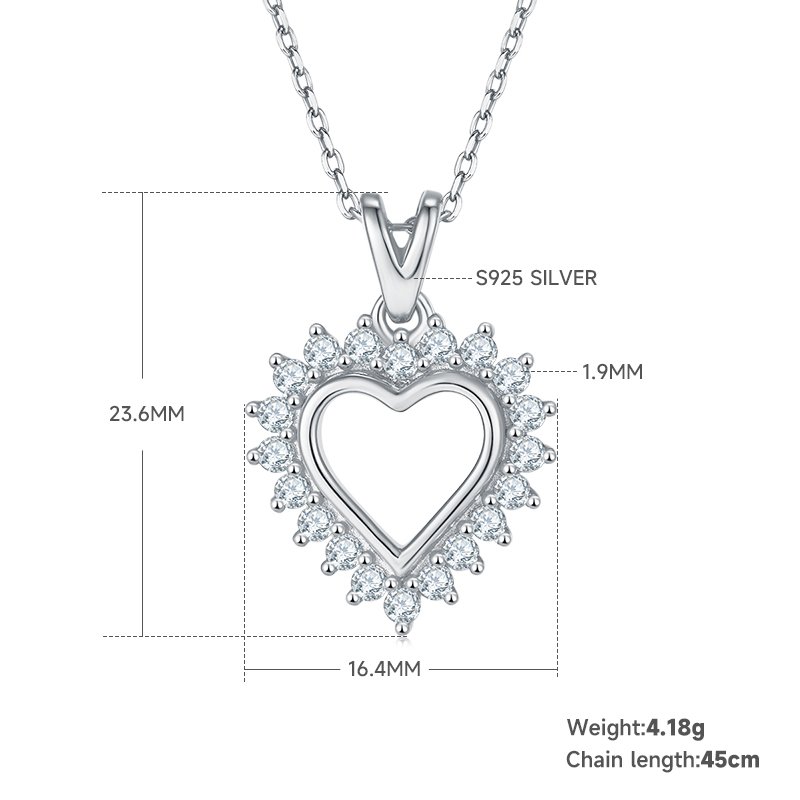 4.1g S925 Sterling Silver Heart Necklace 45cm 20 Stone Sunburst Halo Moissanite Pendant With GRA, Platinum Plated Romantic Gift Box Set For Women