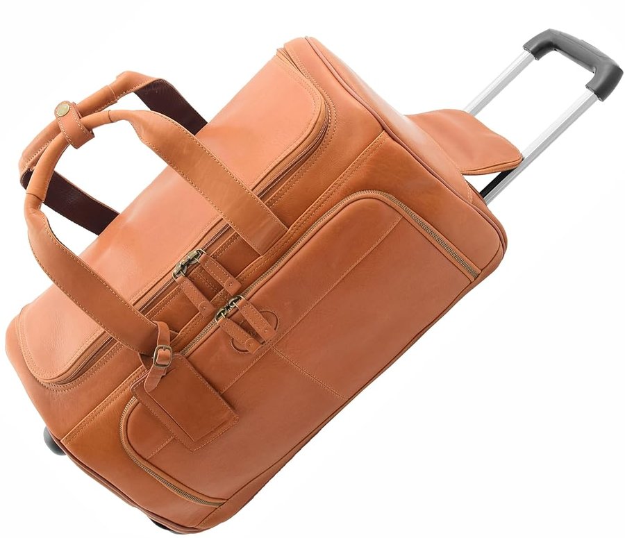 Wheelio - Borsone da viaggio in pelle con ruote, Marrone chiaro, L, Borsone in pelle con ruote