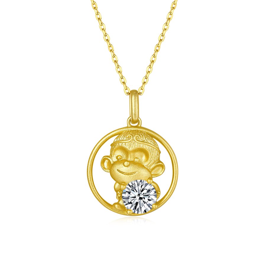 S925 Sterling Silver Gold Plated 1ct D Color VVS1 Moissanite Monkey Necklace 5.4g Chinese Zodiac Benmingnian Gift GRA Certified Gift Box
