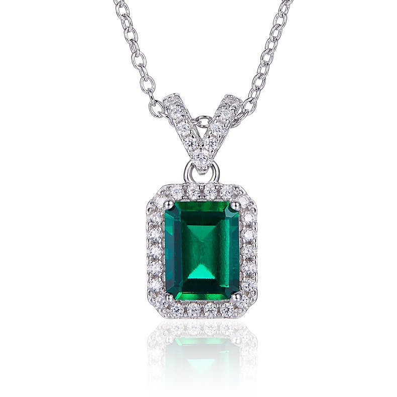 S925 Sterling Silver Emerald Cut Lab-Grown Emerald Pendant Necklace, Halo Setting, Platinum Plated 1.2g, Women's Jewelry Gift Box