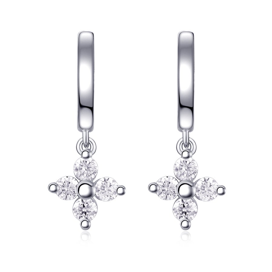 S925 Sterling Silver Clover Drop Huggie Earrings, 0.1ct D-VVS1 Moissanite, Platinum Plated 3.8g Women's Jewelry With GRA Certificate Gift Box