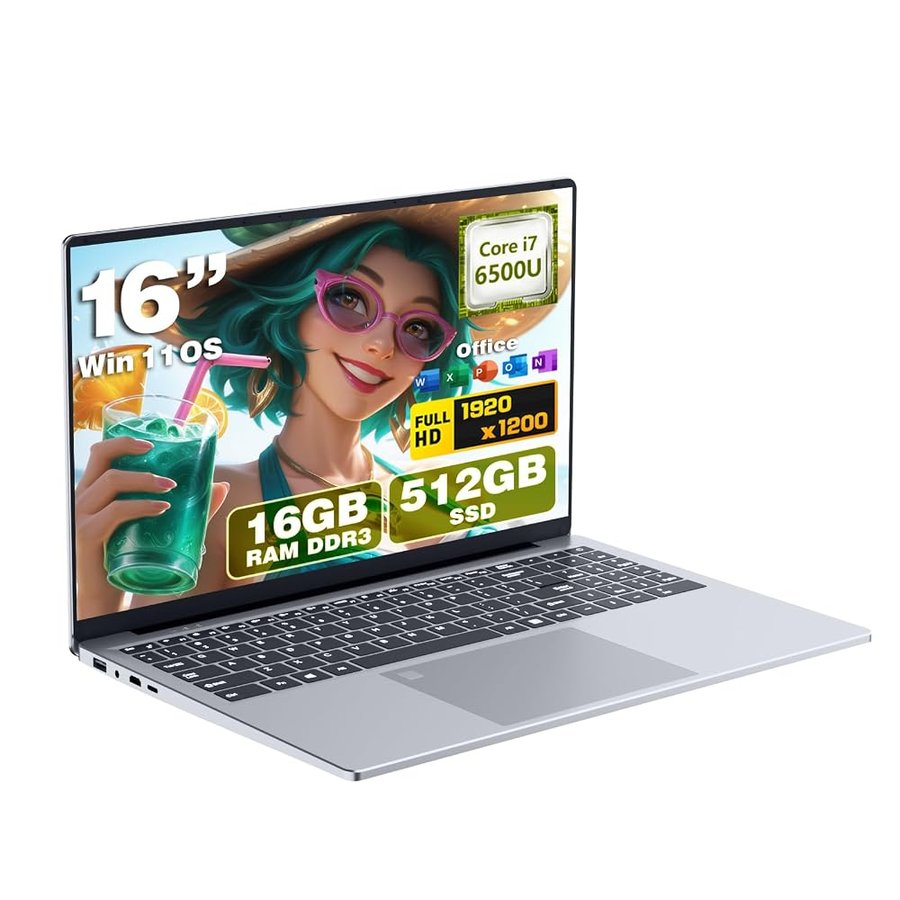 15,6 pollici PC Portatile Core i7-6500U CPU, Win 11 Notebook 16GB RAM 512GB SSD, Laptop 1920 x 1080 FHD IPS, Computer portatile con tastiera retroilluminata/tastierino numerico USB3.0 Mini-HDMI Tipo-c