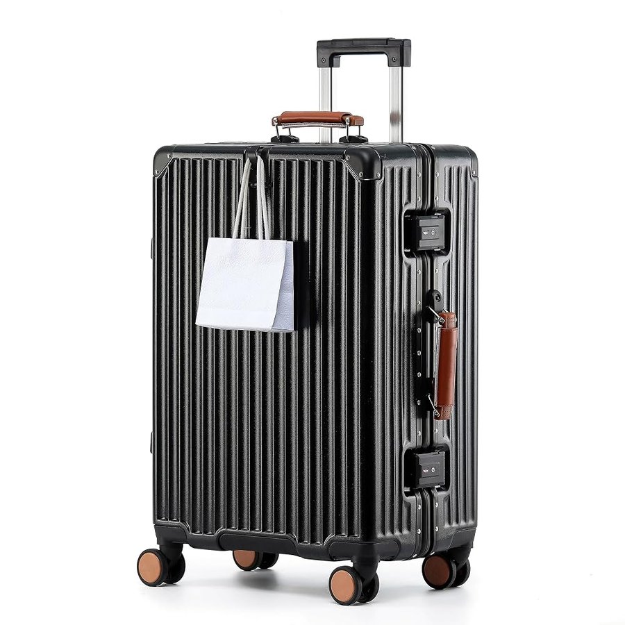 Bagaglio a mano con manico in pelle, valigia senza cerniera in PC con ruote girevoli e serrature TSA, 22x14x9 bagaglio approvato dalle compagnie aeree per viaggi, nero, Carry on 20inch, Lusso