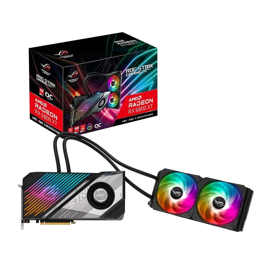 ASUS ROG Strix LC AMD Radeon RX 6800 XT OC Edition Scheda Grafica, PCIe 4.0, 16GB GDDR6, AMD RDNA 2, HDMI 2.1, DisplayPort 1.4a, Raffreddamento a Liquido, Radiatore 240mm, Tubi da 600mm, ARGB, Nero