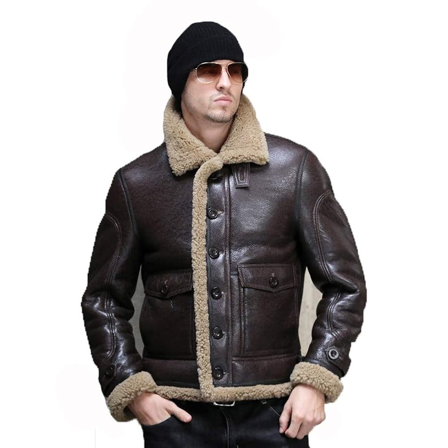 Cappotto da Uomo in Pelle di Pecora Marrone B3 Giacca in Shearling Cappotto Invernale in Pelliccia Giacca in Pelle da Uomo Giacca in Pelliccia di Lusso (Marrone, S)