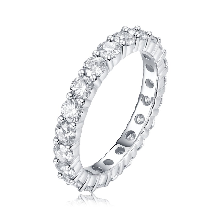 S925 Silver 2.1g Platinum Plated Moissanite Eternity Ring, 3.0mm 19pcs D VVS1 Band, GRA Certified US 5-9
