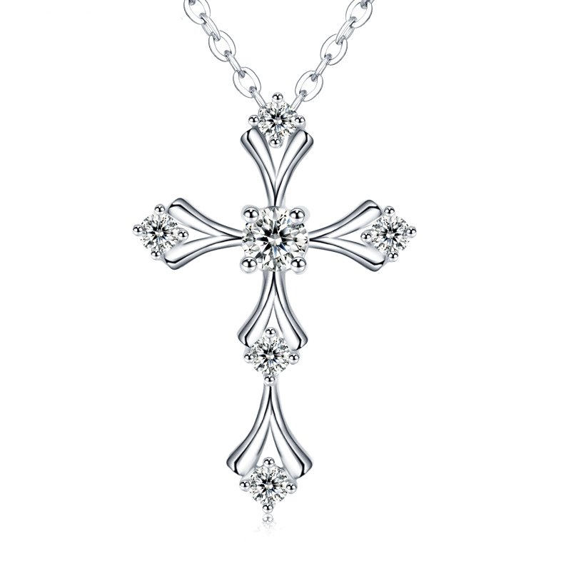 S925 Sterling Silver Moissanite Cross Necklace, 3.5mm D-VVS1 Pendant, Platinum Plated 40&45cm Chain, 1.7g GRA Certificate Gift Box
