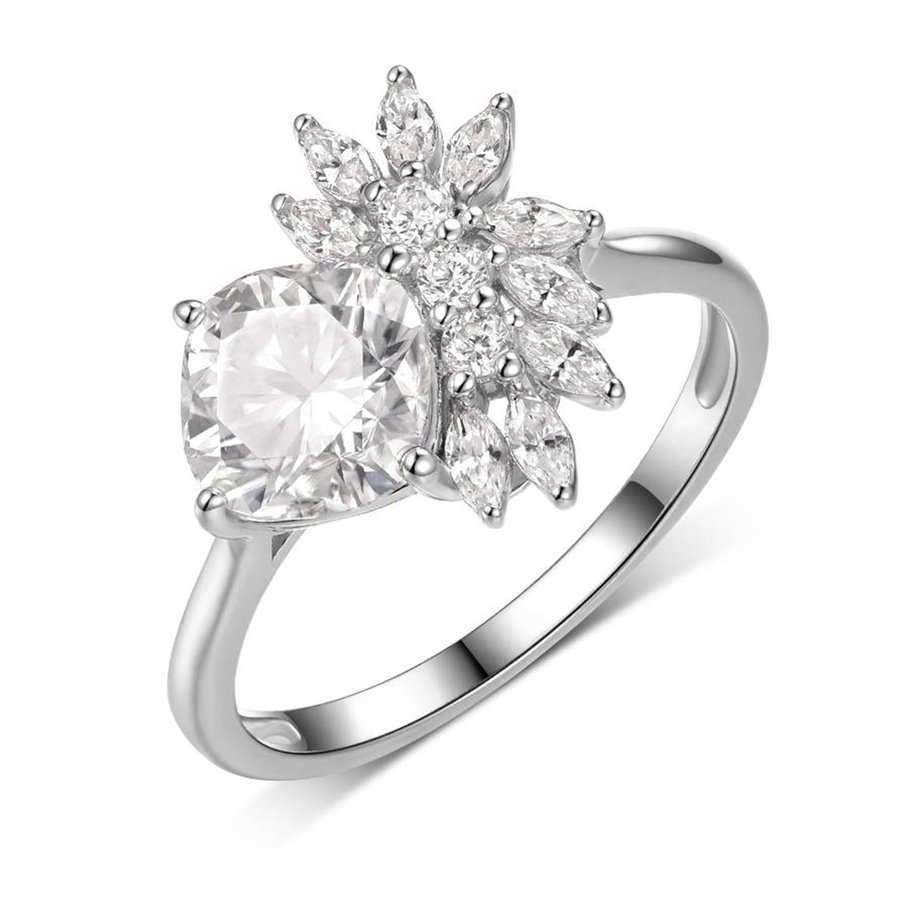 S925 Sterling Silver 7x7mm Cushion Moissanite Ring 2ct D Color VVS1 Starburst Cluster Platinum Plated GRA Certified US Size 5-9 Gift Box