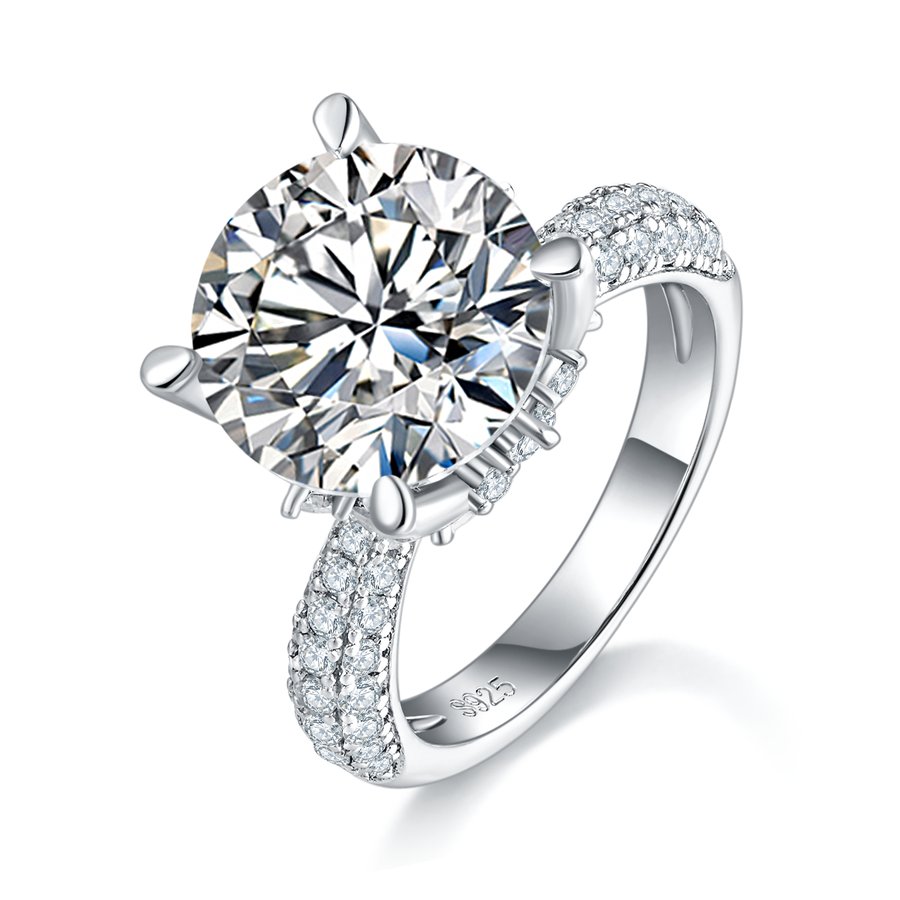S925 Sterling Silver 5ct Moissanite Engagement Ring, 11mm D-VVS1 Round Cut, 4-Prong Pave Band, Platinum Plated US Sizes 5-9, GRA Certificate Gift Box