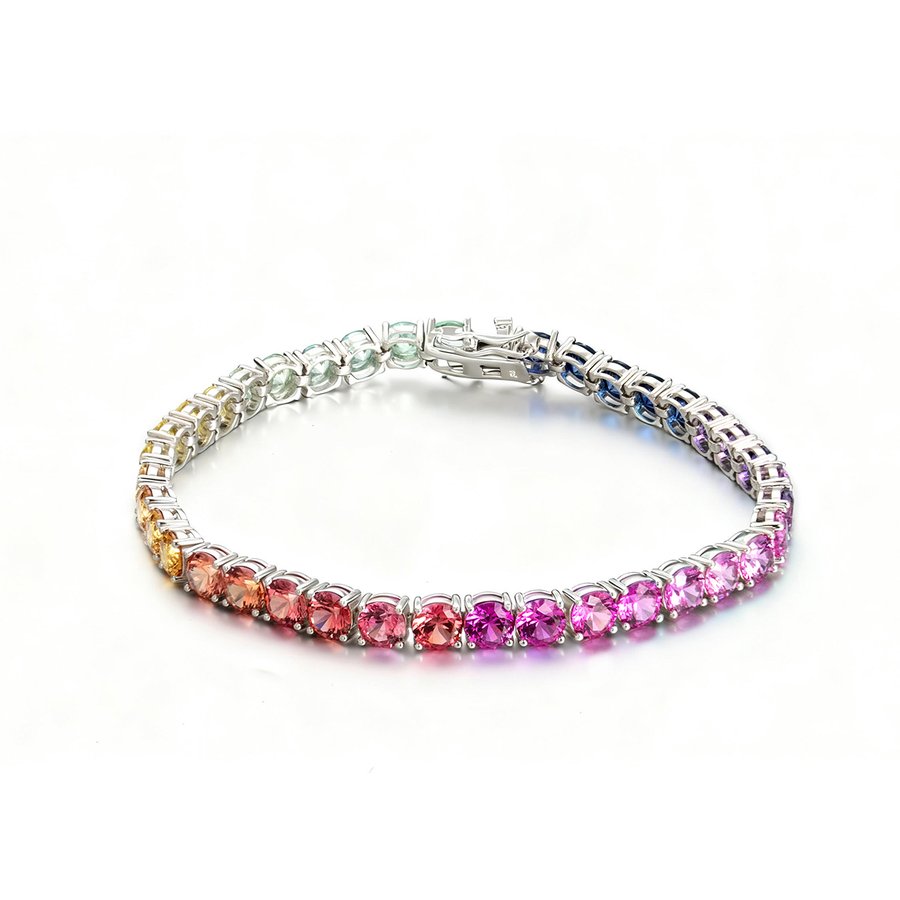 S925 Sterling Silver 5mm Rainbow Lab-Grown Gemstone Tennis Bracelet For Women Platinum Plated 7.5g Gift Box