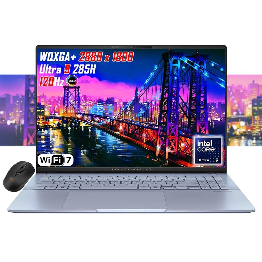 ASUS Vivobook 16" OLED WQXGA+(2880x1800) Slim Laptop, Intel Core Ultra9 285H, Wi-Fi 7, RGB retroilluminato KB, 2X Thunderbolt 4, Webcam FHD, win11, mouse wireless (32 GB RAM | SSD 2 TB)