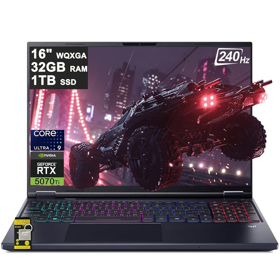 Acer Predator Helios Neo 16 AI Computer portatile da gioco 16" 2560 x 1600 IPS 240 Hz (100% DCI-P3 500nits) Intel 24-core Ultra 9 275HX 32 GB di RAM 1 TB SSD GeForce RTX 5070 Ti (fino a 92 AI Tops