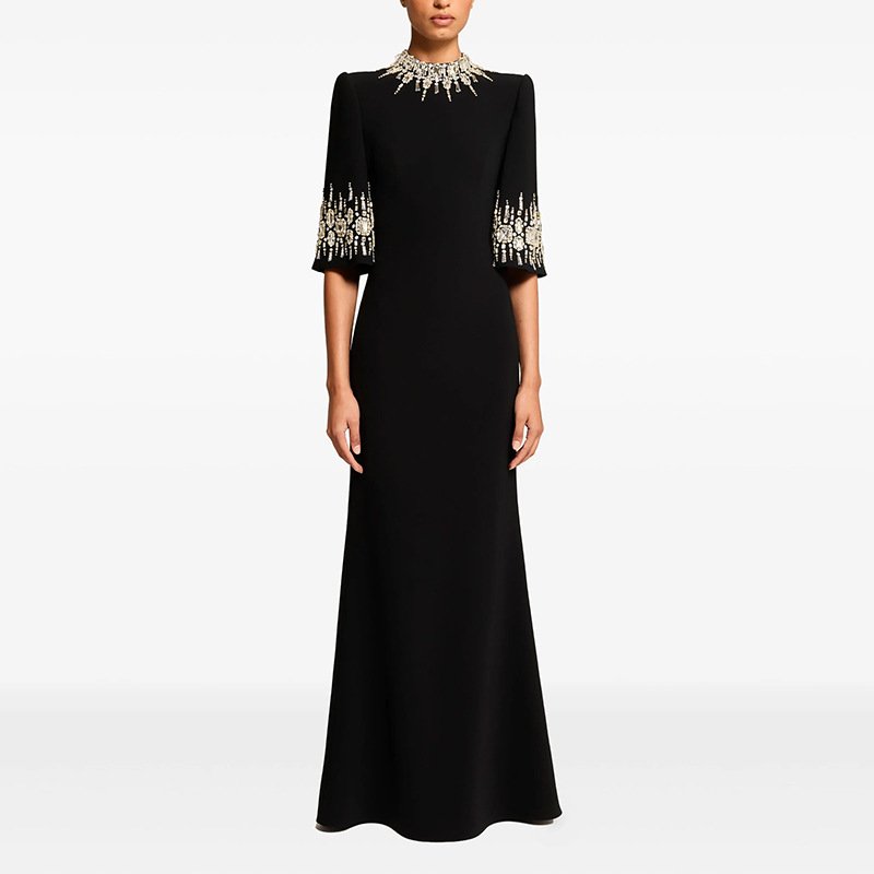Crepe High-Neck Elbow-Sleeve Crystal Embellished Column Evening Gown