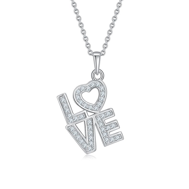 S925 Silver 1.7g Moissanite LOVE Necklace, Pave Heart Pendant, D VVS1, GRA Certified 42&3cm