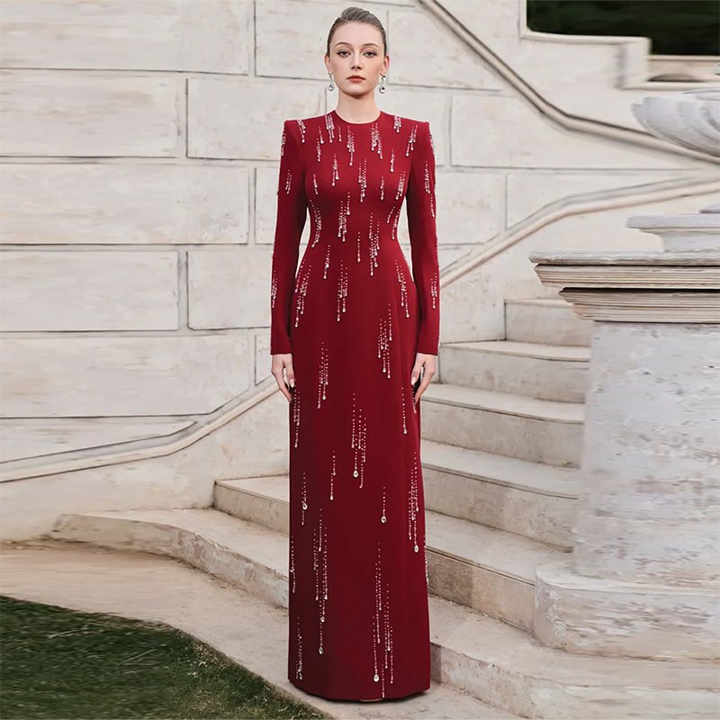 Crystal Rainfall Long-Sleeve Maxi Gown