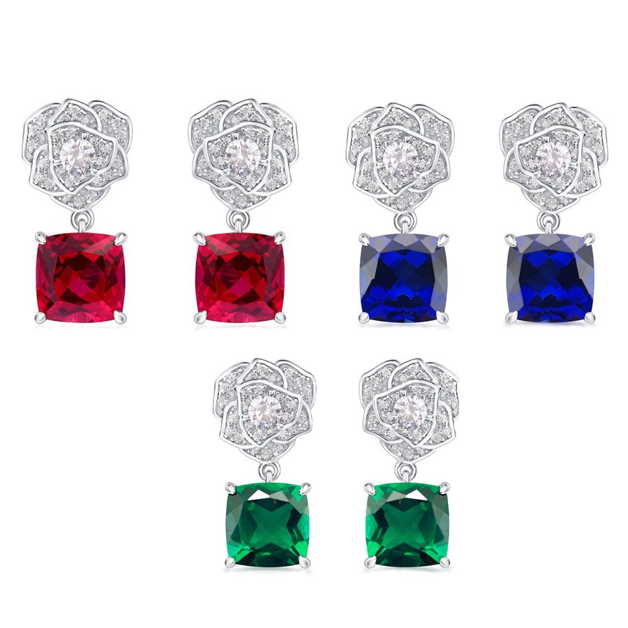 S925 Sterling Silver Rose Drop Earrings, 8mm 6ct Lab-Grown Ruby Sapphire Emerald, Platinum Plated 5g Women's Jewelry Gift Box