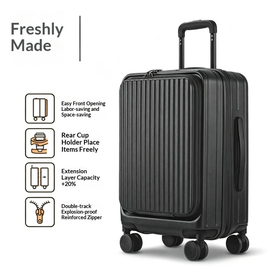 Black--New Side-Opening Expandable 20-Inch Carry-On Rolling Suitcase 26-Lock Travel Luggage 24-Large Capacity Leather Bag For Men And Women