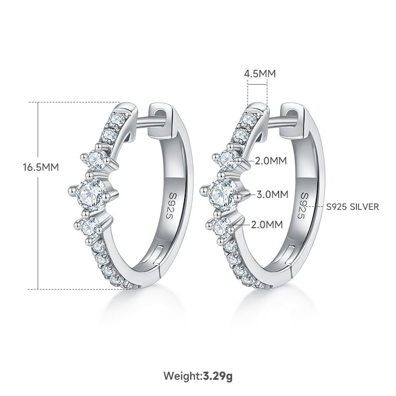 3.3g S925 Sterling Silver 0.52CT Moissanite Huggie Hoop Earrings  16.5mm Minimalist 3-Stone Dangle With GRA Certificate, Platinum Plated Jewelry Gift Box Set For Women