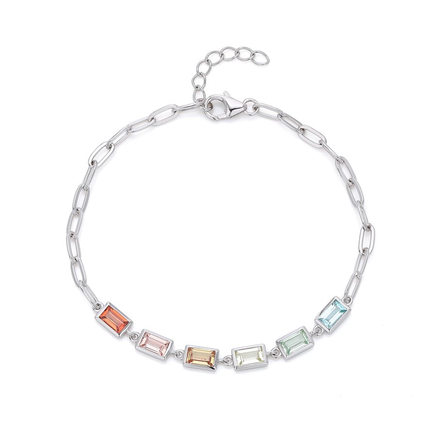 S925 Sterling Silver Rectangle Rainbow Lab-Grown Gemstone Bracelet 16cm Paperclip Chain Platinum Plated Fashion Gift Box