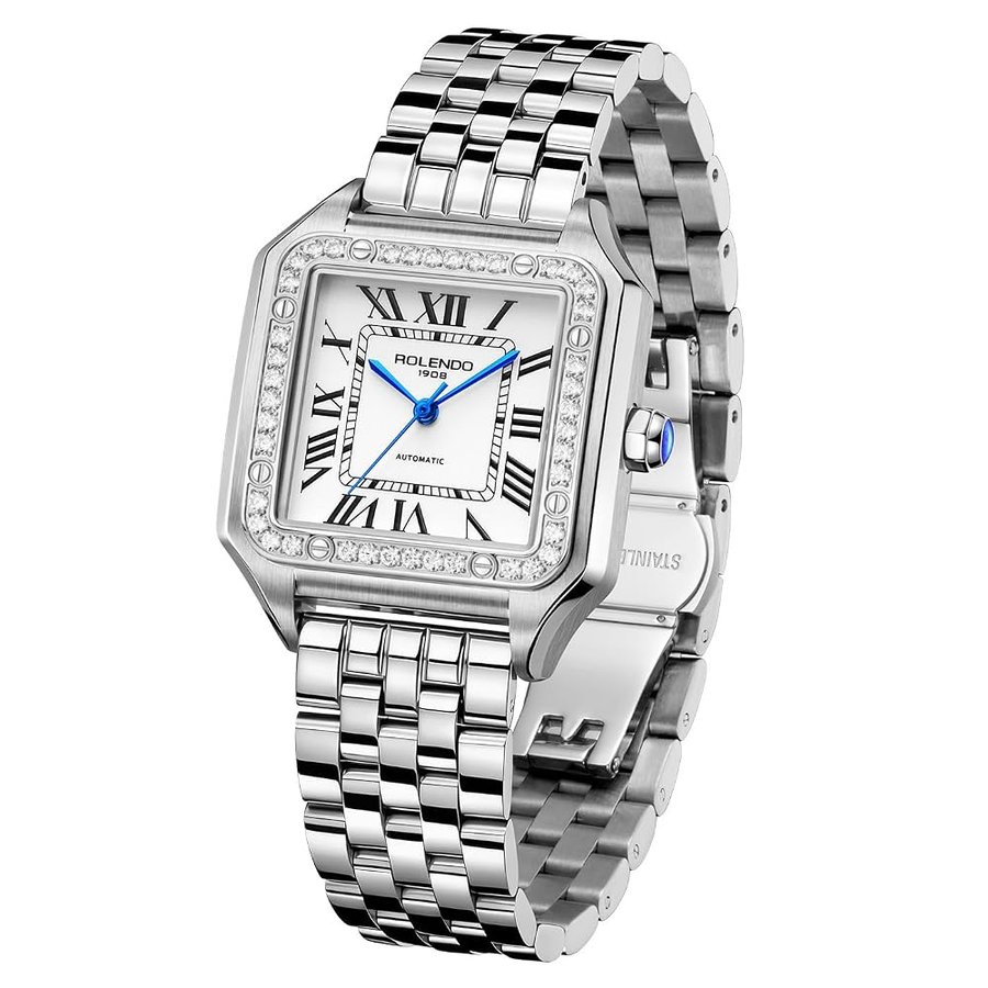 Orologio da polso da donna rettangolare, automatico con diamanti, quadrante romano, corona di zaffiro e cinturino in acciaio inox 316L, per affari e casual