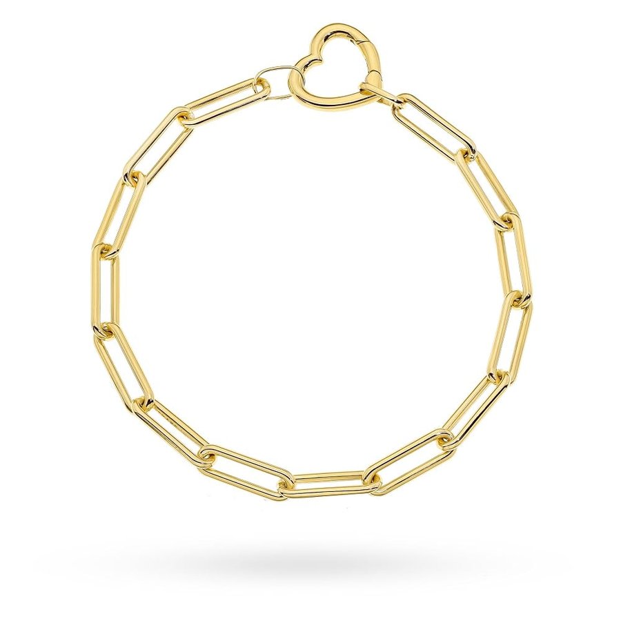 Bracciale da donna in oro giallo 585 (14 carati), maglia Paperclip e cuore, 17 cm
