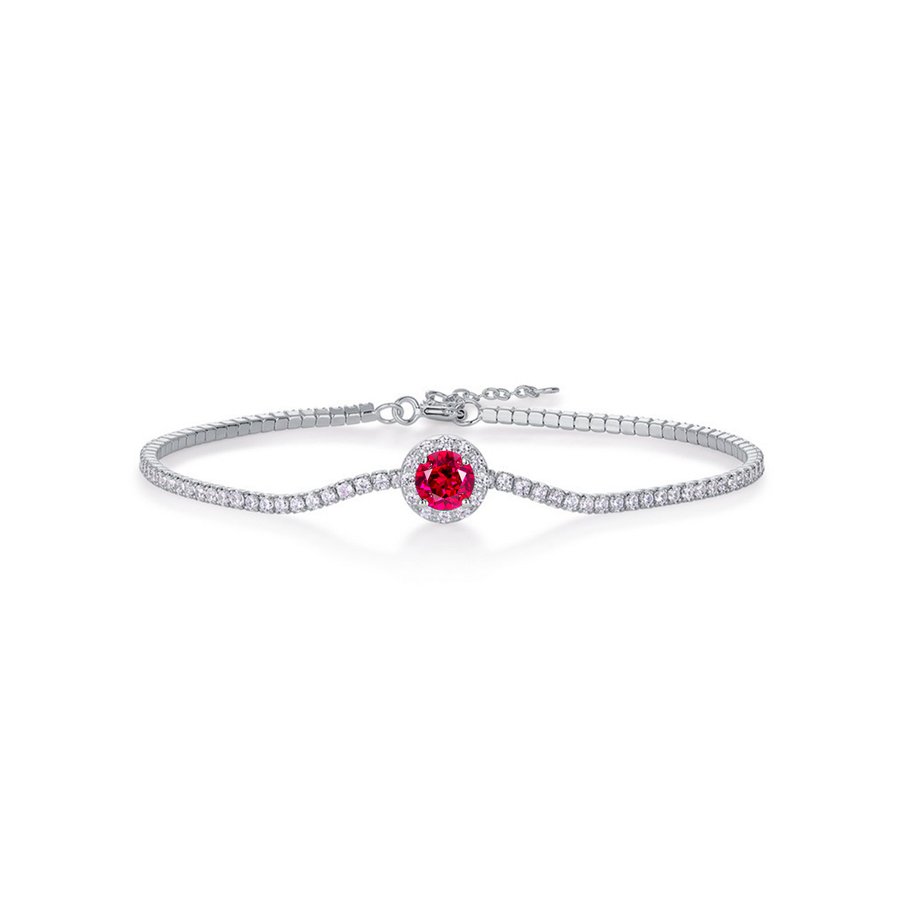 S925 Sterling Silver Tennis Bracelet, 6.5mm Lab-Grown Ruby Sapphire Emerald Halo Adjustable Chain, Platinum Plated 3.5g Women's Jewelry Gift Box