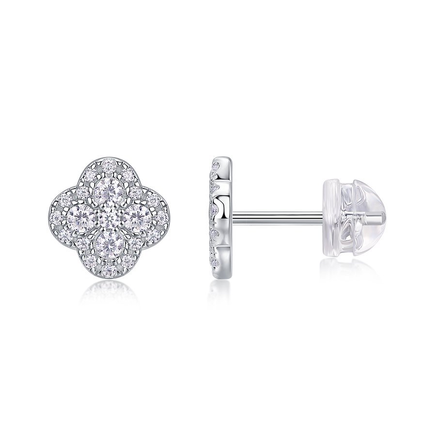 S925 Sterling Silver Clover Stud Earrings, D-VVS1 Moissanite Pave, Platinum Plated 1.2g Women's Jewelry Gift Box