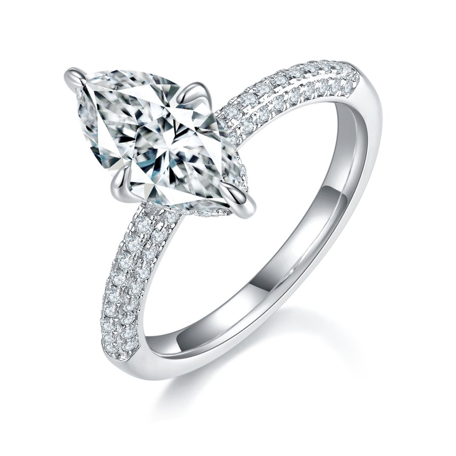 S925 Silver 3g Platinum Plated Marquise Moissanite Ring, 12x6mm 2.0ct D VVS1 Pave Band, GRA Certified US 5-9