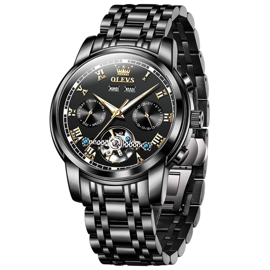 Orologio da uomo automatico di lusso Tourbillon Calendario fasi lunari bicolore in acciaio inossidabile a carica automatica Big Face Business Dress orologi meccanici per uomo luminoso