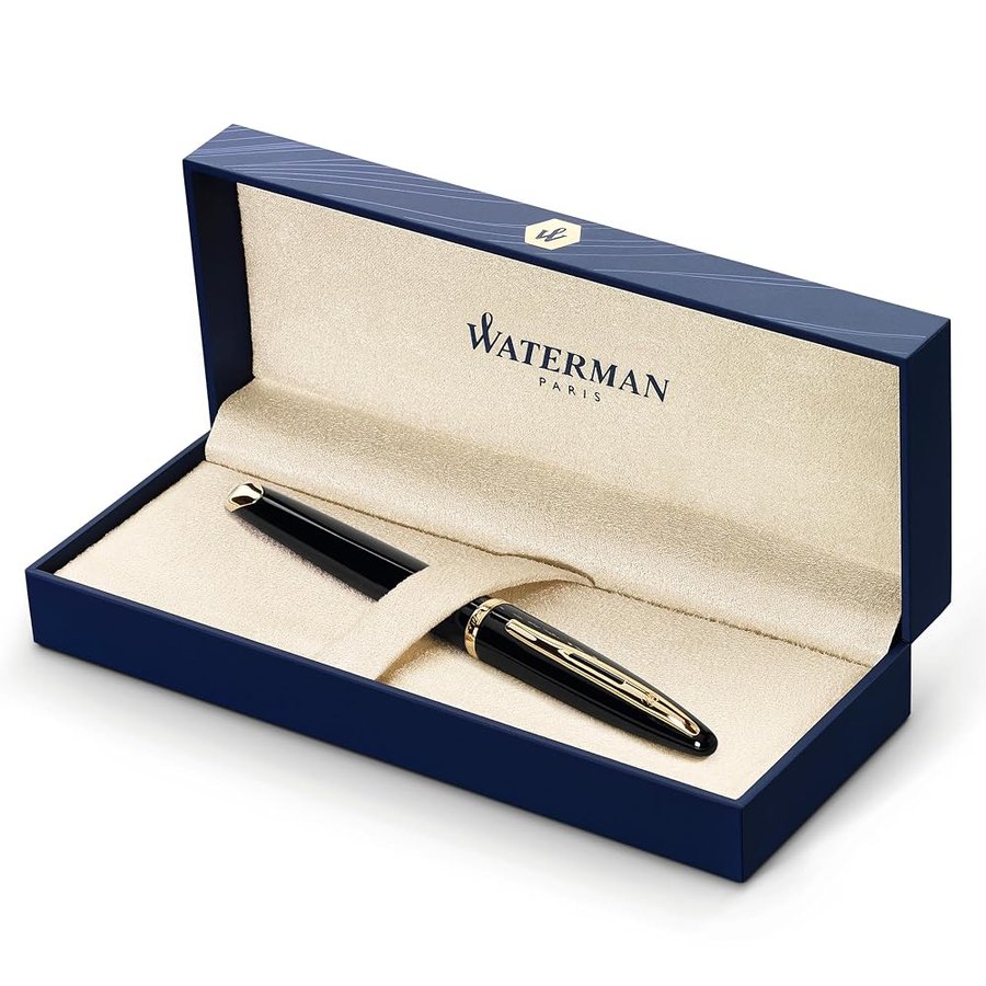 Waterman Carène Black Sea penna stilografica | nero ultra lucido con clip in oro 23 carati | pennino sottile con cartuccia di inchiostro blu | confezione regalo
