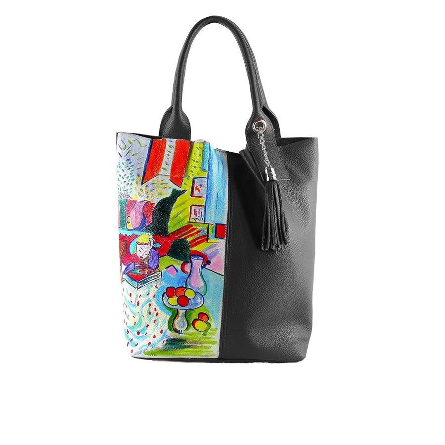 Borsa da donna in pelle dipinta a mano – INTERNO CON RAGAZZA CHE LEGGE DI MATISSE - Borse Donna, Borse a Mano, Vera Pelle, Lavorazione Artigianale, Made in Italy, in Pelle Dipinta, Borsa da donna