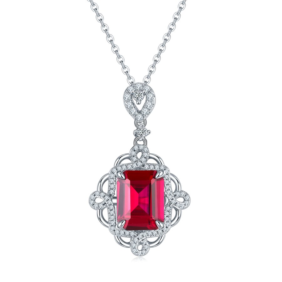 S925 Silver 4.3g 4.23ct Lab-Created Ruby Necklace, 10x8mm Vintage Pendant, 40&5cm