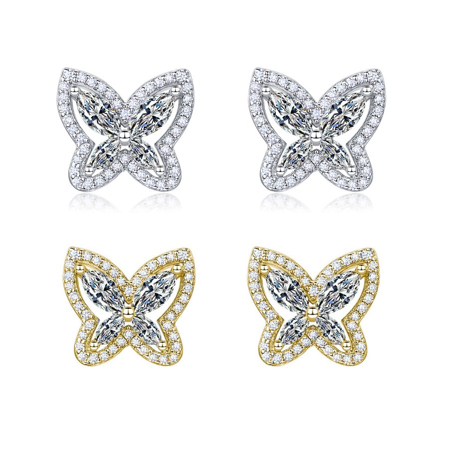 S925 Sterling Silver Butterfly Stud Earrings, D-VVS1 Moissanite Marquise Cut, Platinum Plated 3.3g Women's Jewelry Gift Box