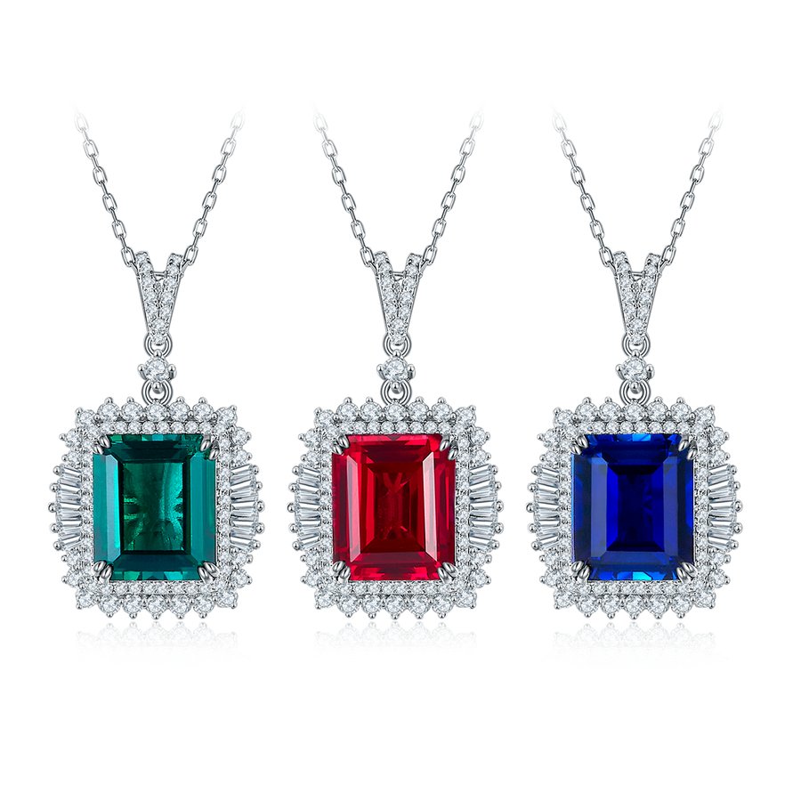 S925 Sterling Silver 10x12mm Lab-Grown Ruby Sapphire Emerald Halo Pendant Necklace, Platinum Plated 40&45cm Chain, 5.5g Women's Jewelry Gift Box