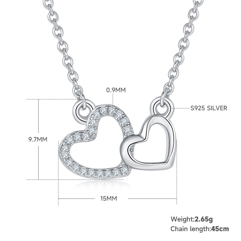 2.6g S925 Sterling Silver Moissanite Heart Necklace 45cm  21 Stone Interlocking Hearts Pendant With GRA, Platinum Plated Romantic Jewelry Gift Box Set For Women