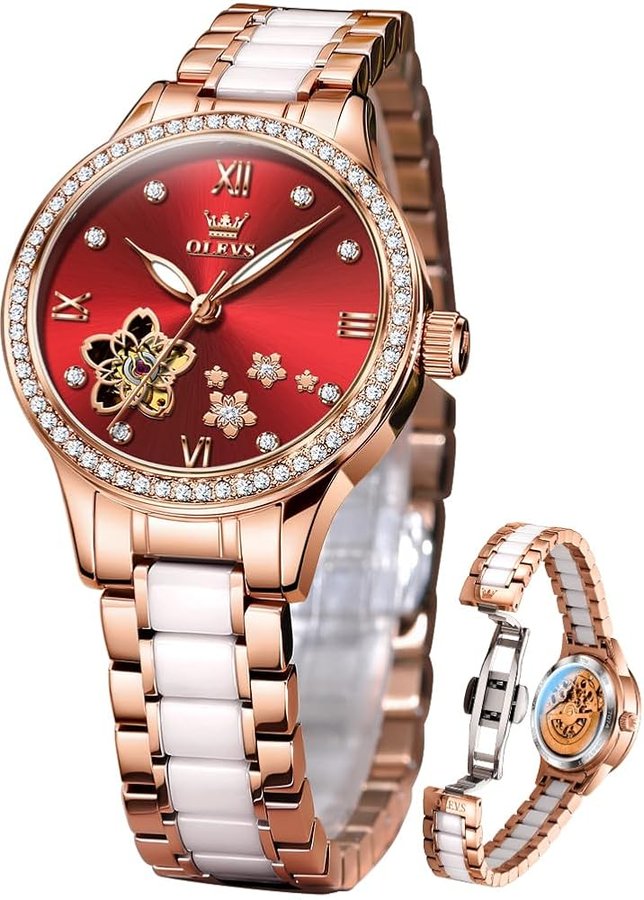 Orologio da polso da donna, automatico, di lusso, con cinturino in ceramica, oro rosa, a carica automatica, da donna, orologio rosso da donna, Orologio da donna