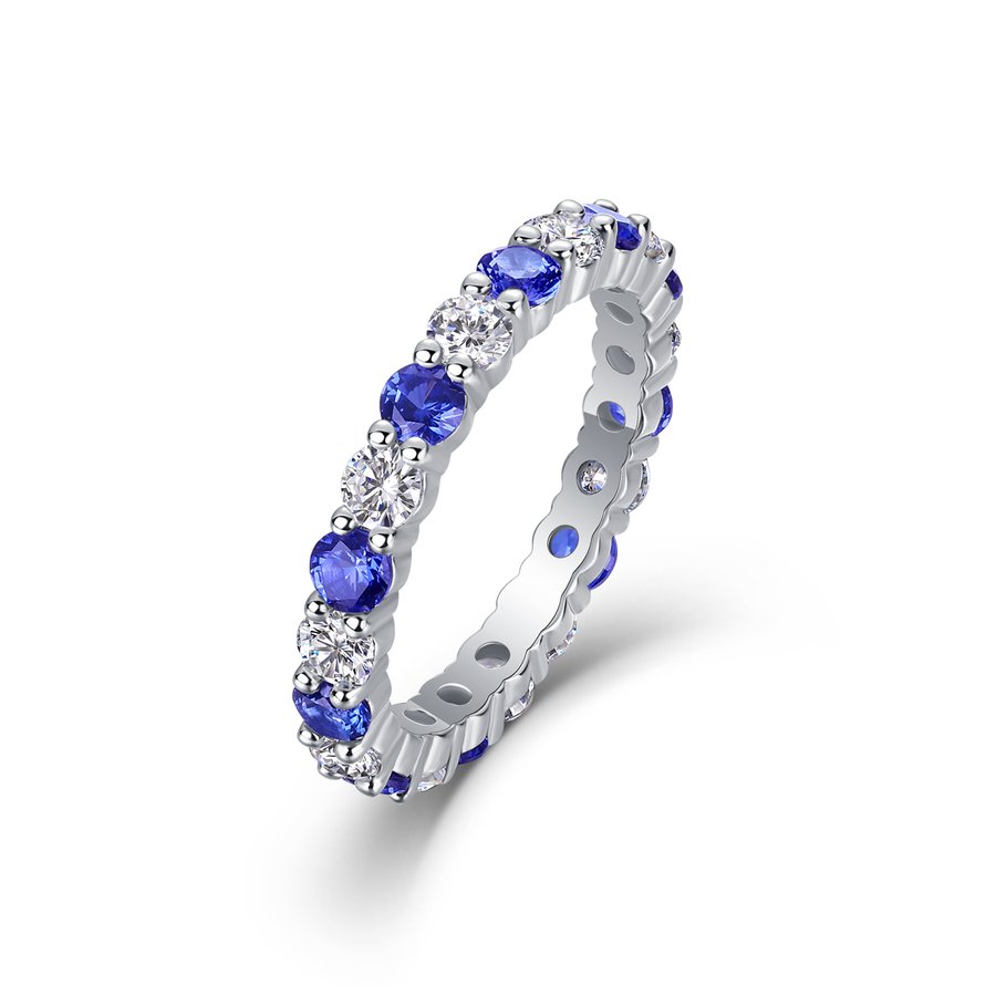 2.4g S925 Sterling Silver Platinum Plated Eternity Ring  Synthetic Blue Sapphire & White Stone Alternating Band, Dainty Hollow Promise Ring For Women, Jewelry Gift Box Set