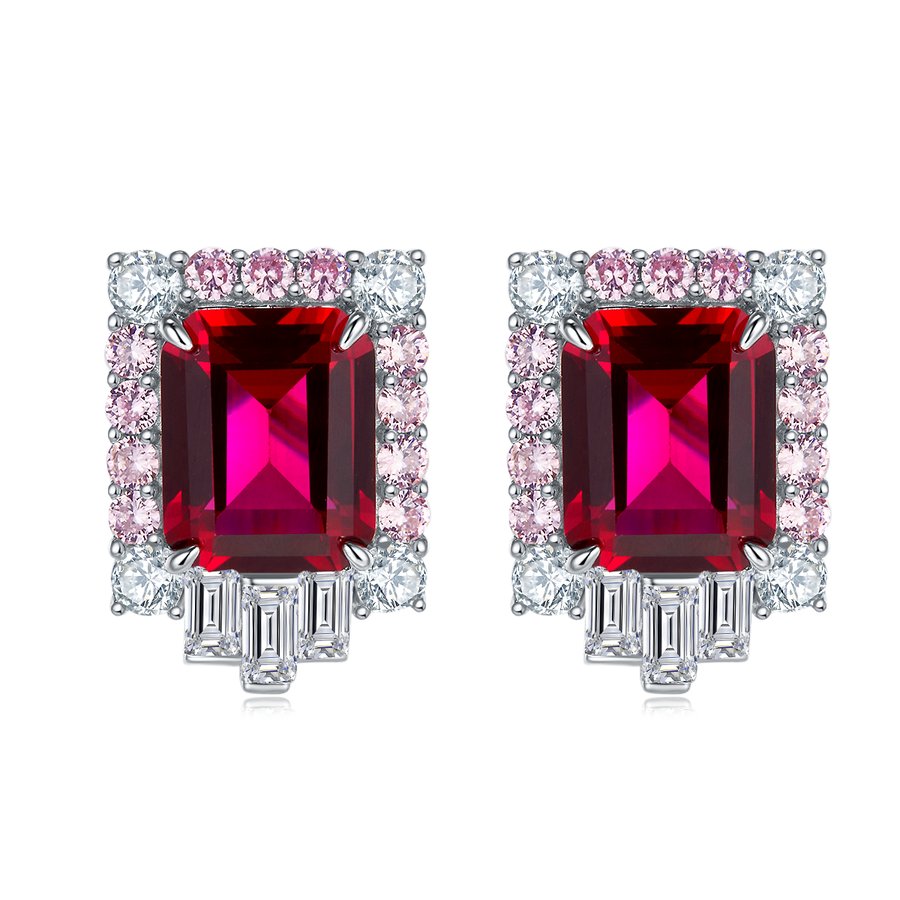 S925 Silver 6.5g 8ct Lab-Created Ruby Earrings, 10x8mm Emerald Cut, Pair