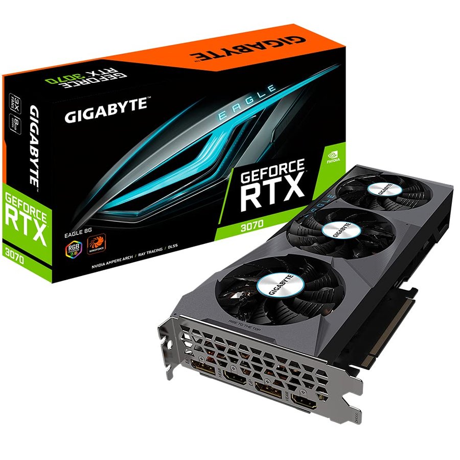 Gigabyte GV-N3070EAGLE-8GD 2.0 LHR version NVIDIA. 8 GB. GeForce RTX 3070. GDDR6. PCI-E 4.0 x 16. Processor frequency 1725 MHz. HDMI ports quantity 2. Memory clock speed 14000 MHz