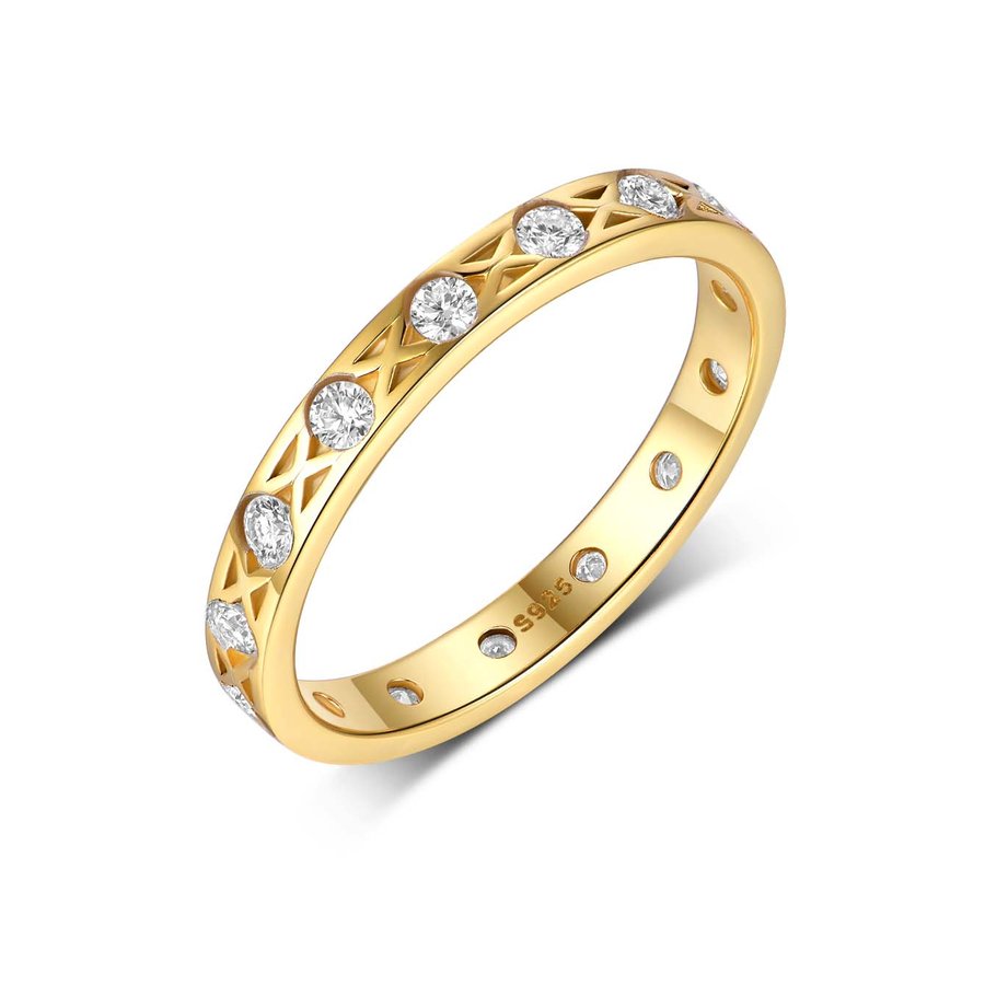 S925 Silver Gold Plated 14-Stone Moissanite X-Pattern Eternity Ring 1.9g D Color VVS1 US Size 6-9 GRA Certified Gift Box