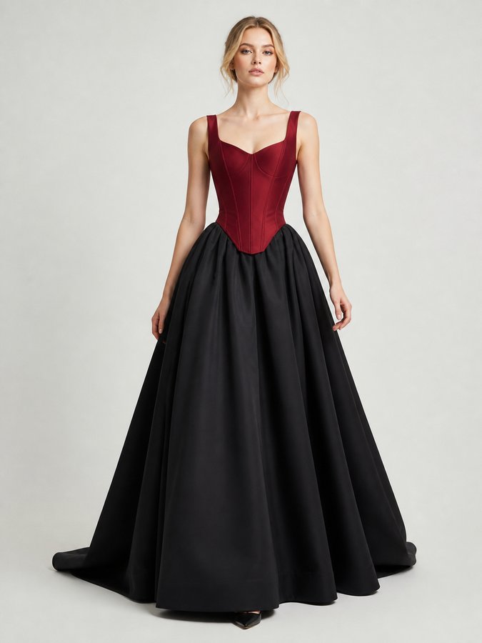Burgundy Corset Bodice Black Satin Ball-Gown Evening Dress