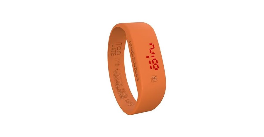 Too Late LED ORIGINAL Orologio Digitale Unisex Quadrante Led, Accensione Touch, Cinturino in Silicone Ultra Leggero, Vasetto in vetro, Confezione Regalo, Funzione Data e Ora (taglia M, Arancione)