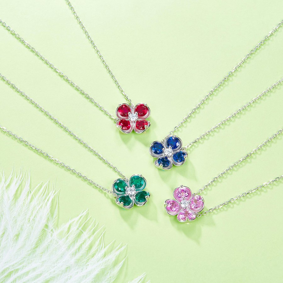 S925 Sterling Silver Clover Necklace, 2.6ct Lab-Grown Ruby Sapphire Emerald Padparadscha, Platinum Plated 45cm, 4.3g Gift Box