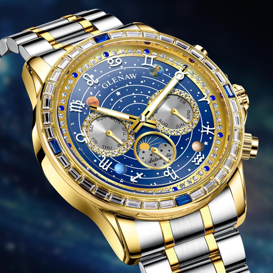 Mens Diamond-Embellished Fully Automatic Mechanical Watch