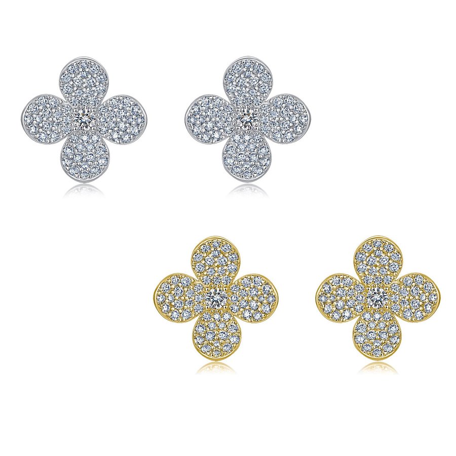 S925 Sterling Silver Full Pave Clover Stud Earrings, D-VVS1 Moissanite, Platinum Plated 2.5g Elegant Women's Jewelry Gift Set