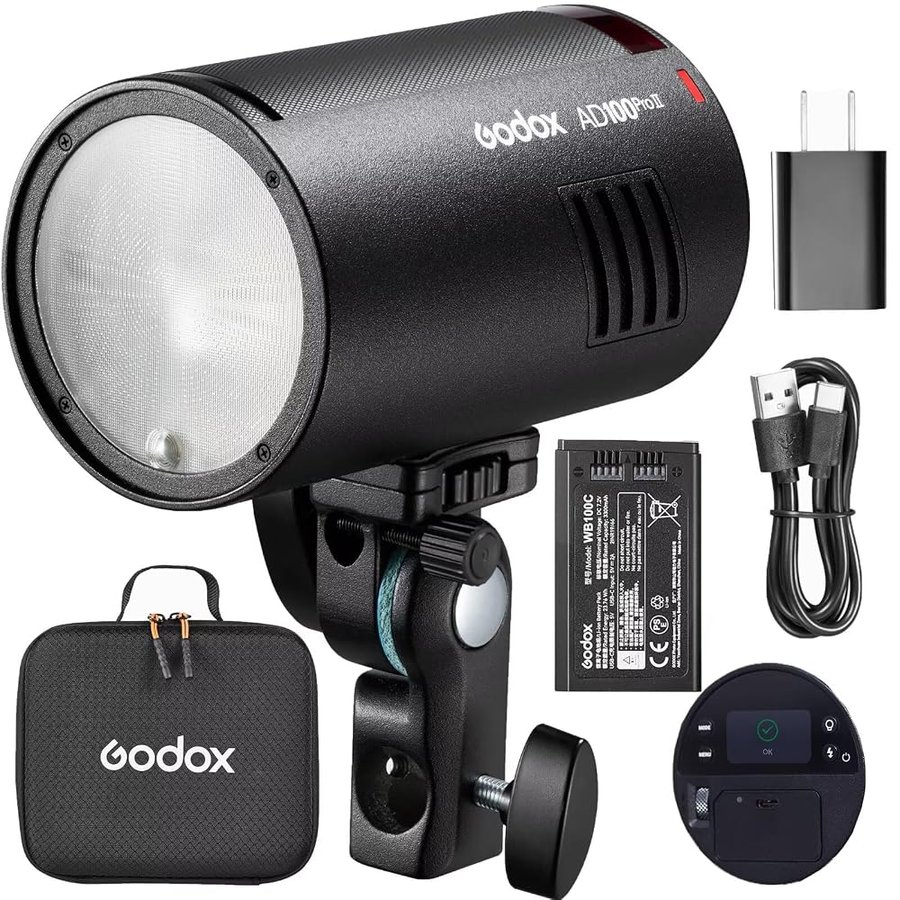 Godox AD100Pro II - Flash tascabile per fotocamera 100 W, TTL 1/8000s HSS 0.01-1.5s, riciclaggio 490 flash a piena potenza per fotocamere Sony, Canon, Nikon, Fujifilm, Olympus, Pentax, Leica (AD100Pro