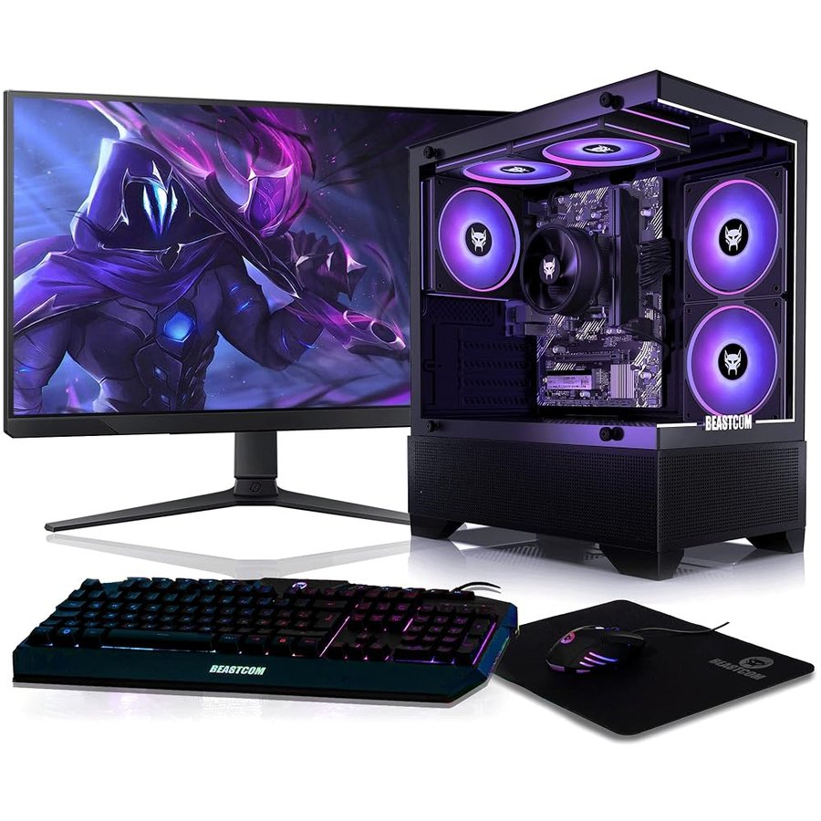 BEASTCOM Q3 Essential Gaming, Gaming PC, AMD Ryzen 5 6X4,20GHz 12 Threads, 4K Vega Radeon Grafica, 512GB SSD, 8GB RAM, Monitor LED 24" + tastiera + mouse + tappetino per mouse, WiFi, Windows 11 Pro