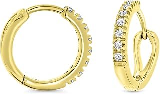 Orecchini Cerchio con Diamanti Naturali incassati in oro Bianco- Giallo 14KT 585, Orecchini Classici a lobo con Brillanti. Cerchi anallergici. Chiusura con perno passante a scatto.