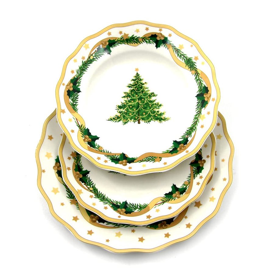 The Royal Family Servizio Piatti di Natale Decoro albero Natalizio con fiocco dorato per 6 posti tavola (18 Pezzi) in Porcellana Lucente e Resistente - Adatto a lavastoviglie e Forno -"Gold Christmas"